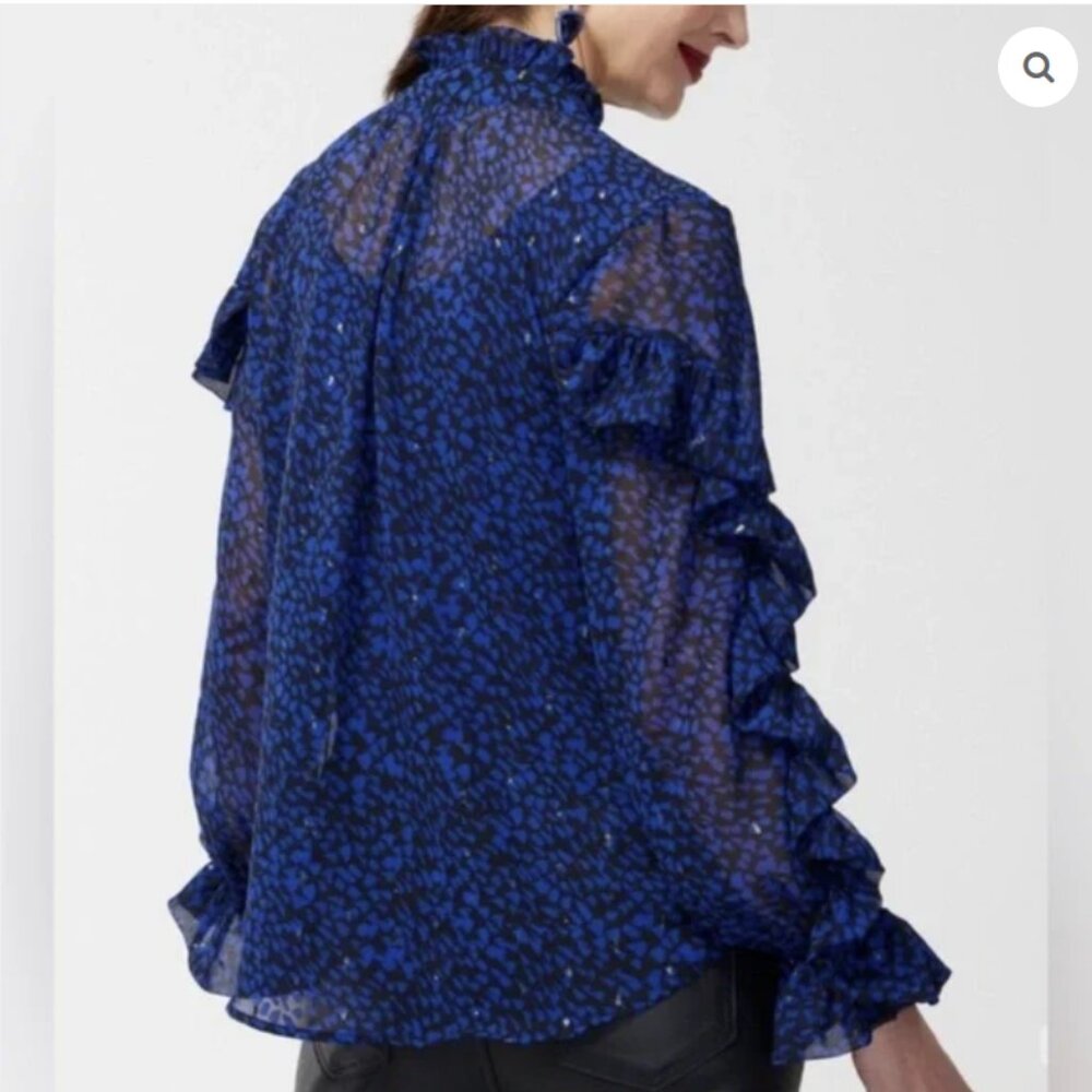 Chico's size 16 Black Blue Abstract Print Ruffle Sheer Swiss Dot Button Down - Picture 2 of 12